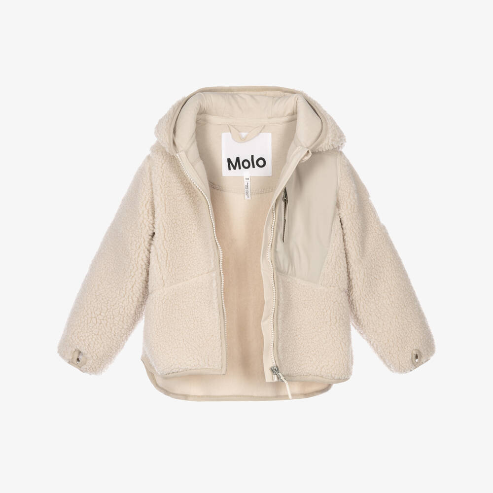 Molo-Beige Sherpa Fleece Zip-Up Hooded Top | Childrensalon