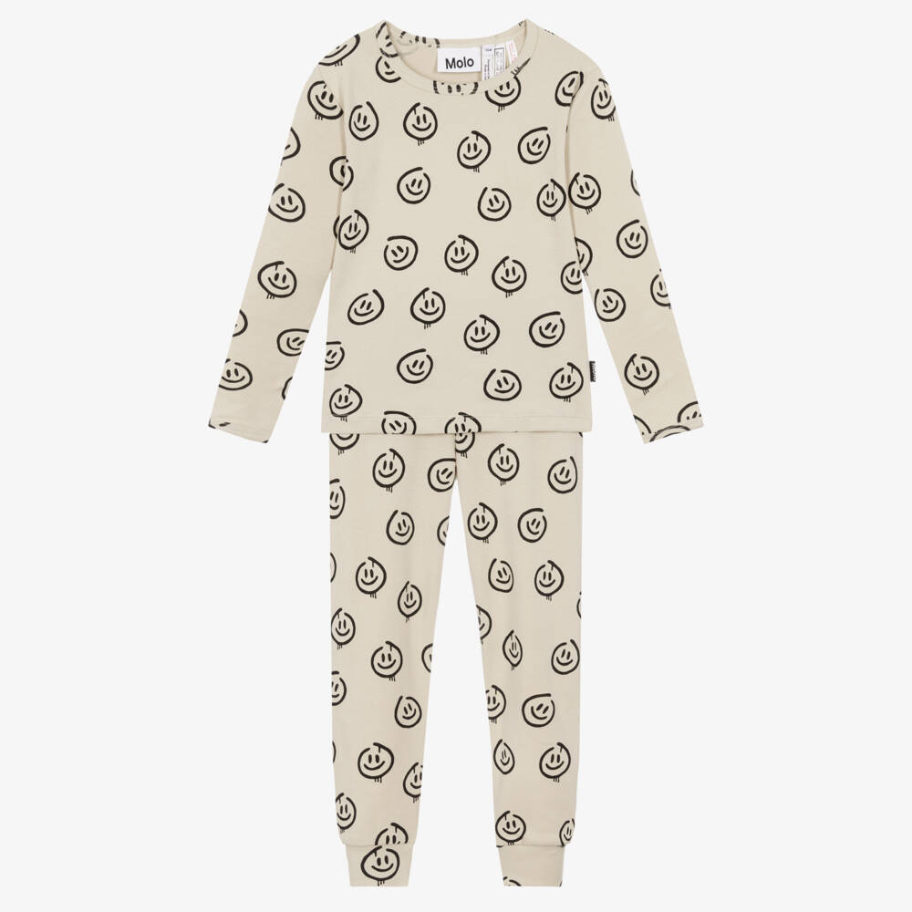 Molo-Beige Smiling Face Long Pyjamas in Organic Cotton | Childrensalon