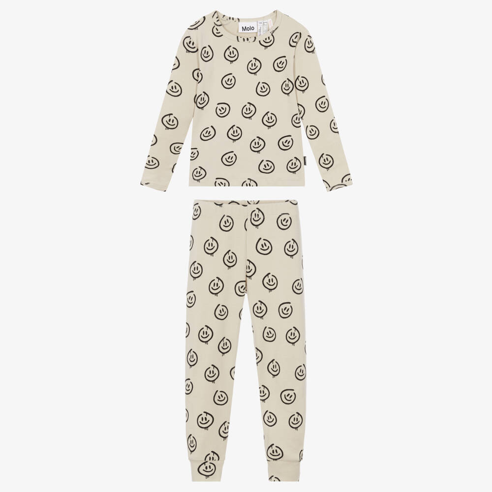 Molo-Beige Smiling Face Long Pyjamas in Organic Cotton | Childrensalon