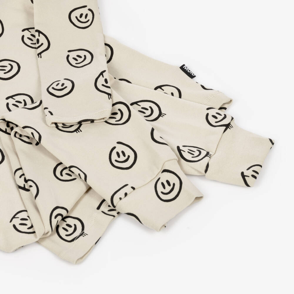 Molo-Beige Smiling Face Long Pyjamas in Organic Cotton | Childrensalon