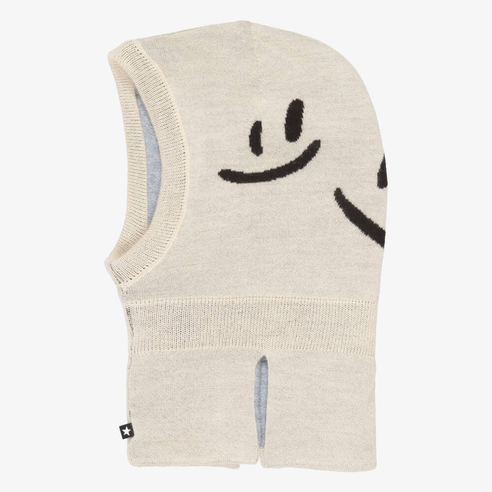 Molo-Beige Wool Knit Smiling Faces Balaclava  | Childrensalon