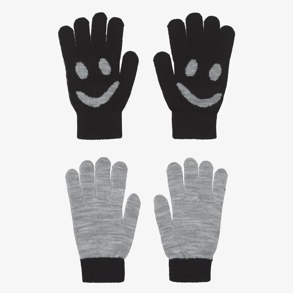 Molo-Black & Grey Knitted Smiling Face Gloves (2 Pack) | Childrensalon