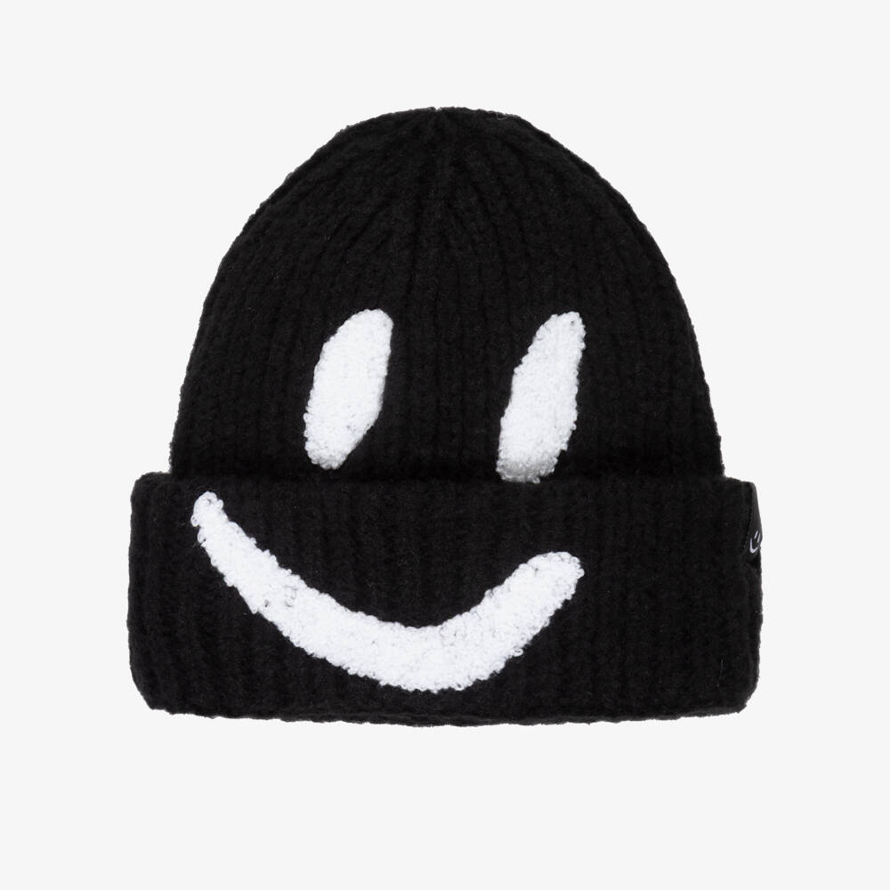 Molo-Black Smiling Face Ribbed Knit Beanie Hat | Childrensalon
