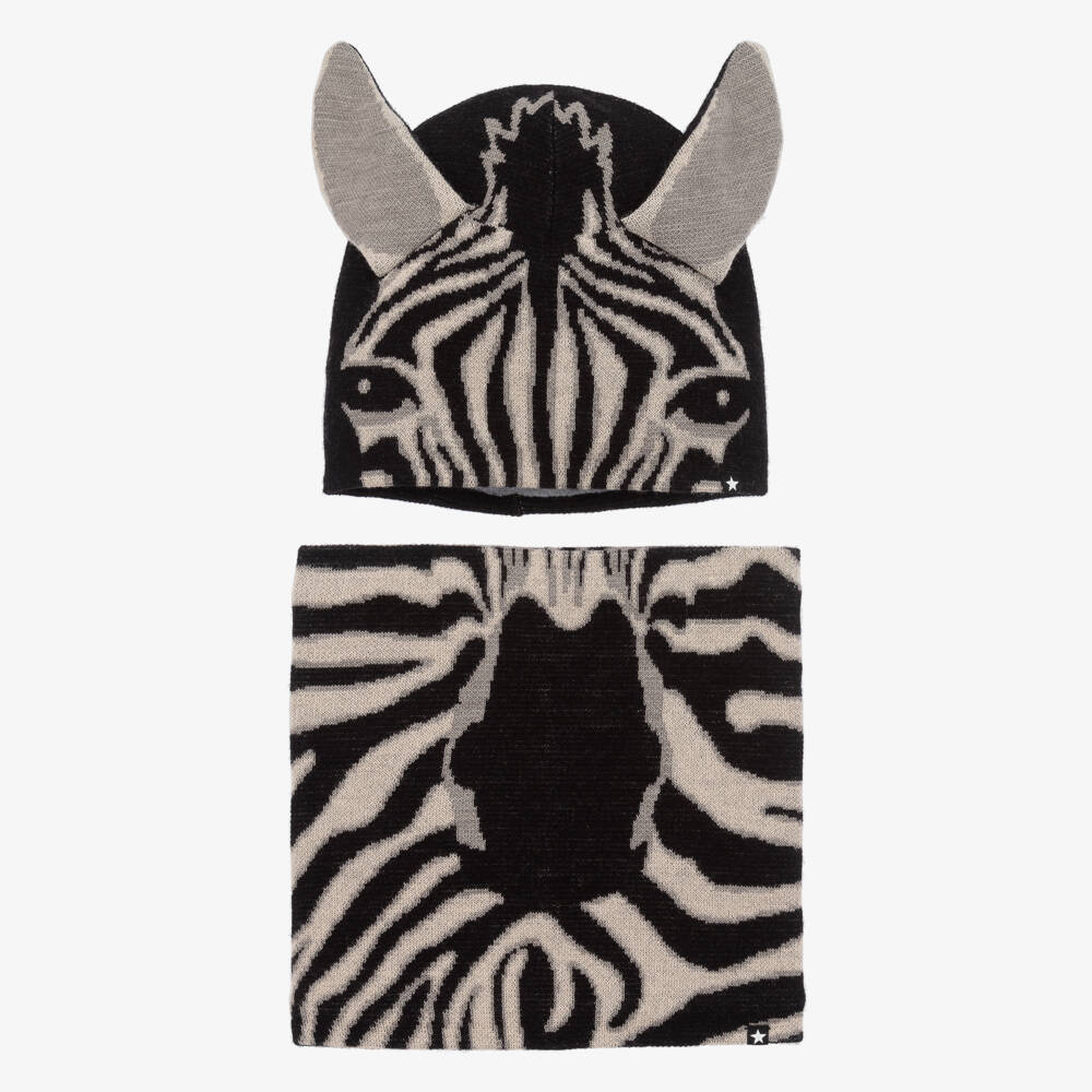 Molo-Black Wool Knit Zebra Hat & Snood Set | Childrensalon