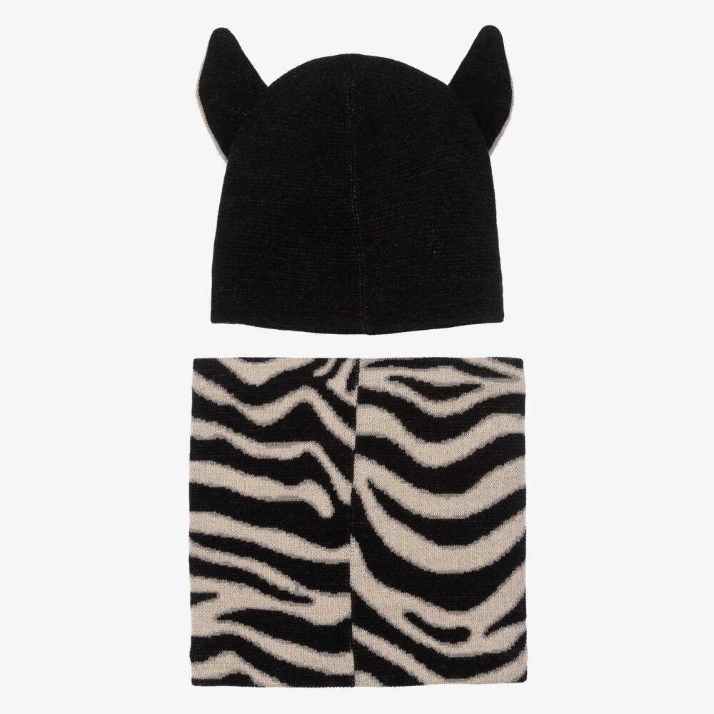 Molo-Black Wool Knit Zebra Hat & Snood Set | Childrensalon
