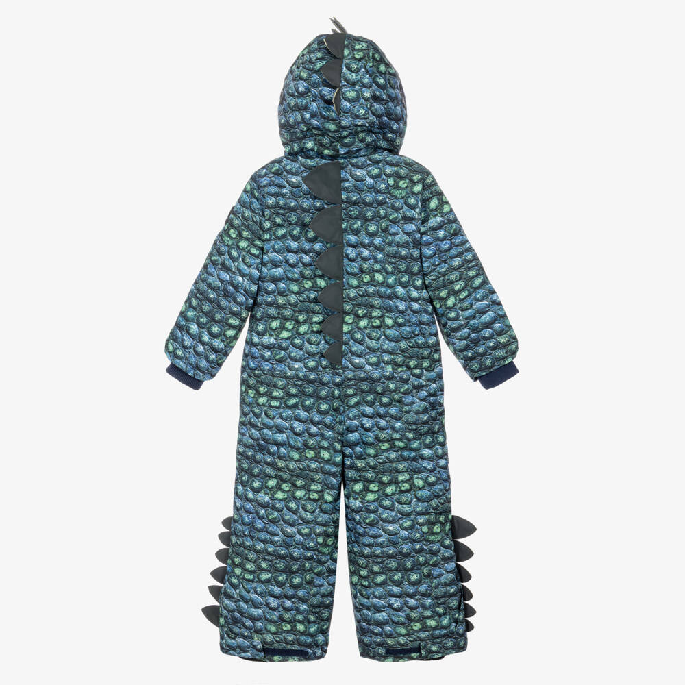 Molo-Blue & Green Dinosaur Print Technical Snowsuit | Childrensalon