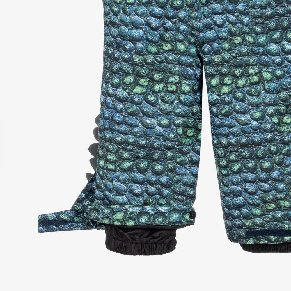 Molo-Blue & Green Dinosaur Print Technical Snowsuit | Childrensalon