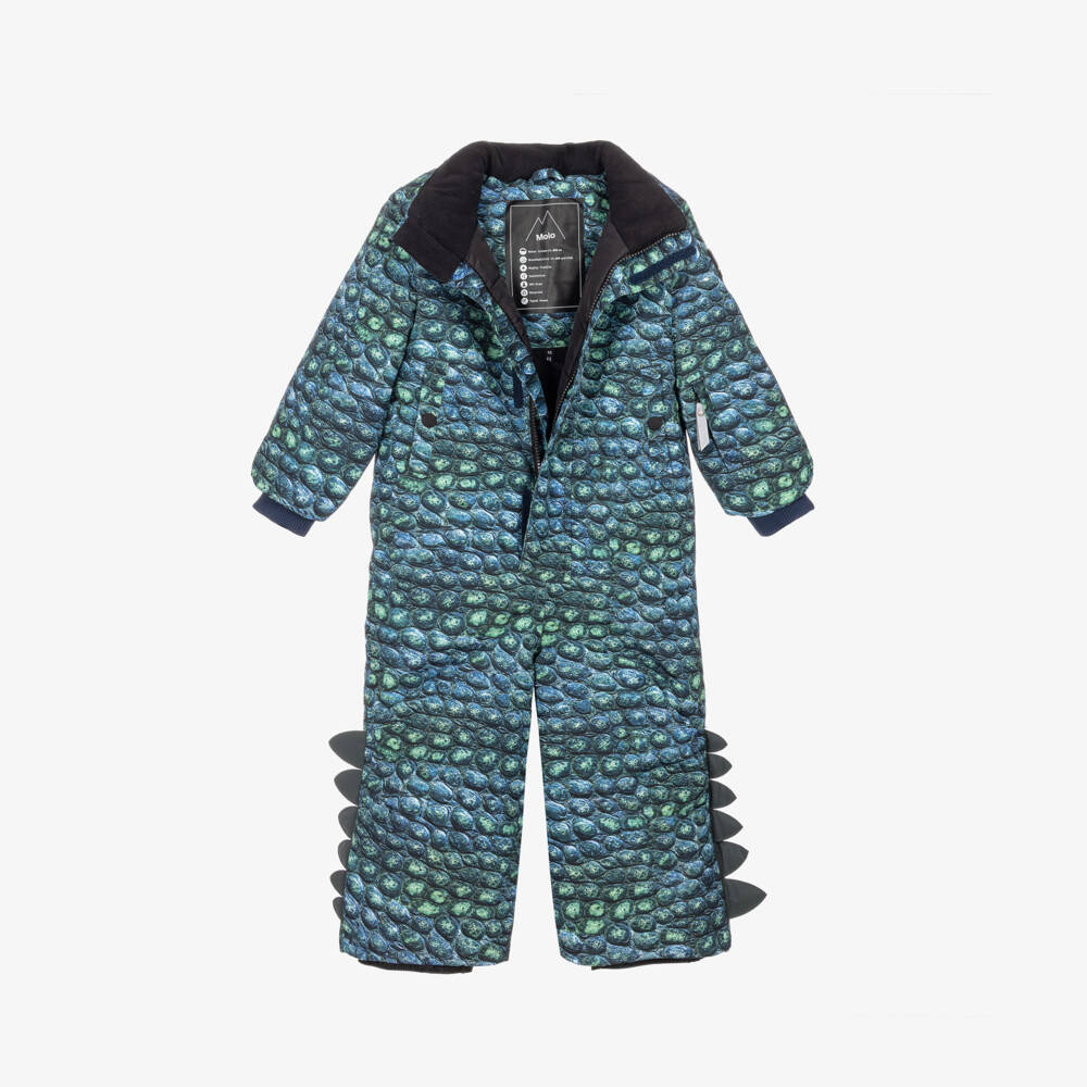 Molo-Blue & Green Dinosaur Print Technical Snowsuit | Childrensalon
