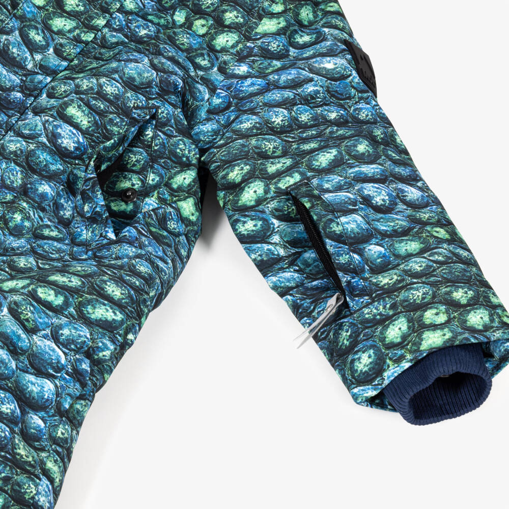 Molo-Blue & Green Dinosaur Print Technical Snowsuit | Childrensalon