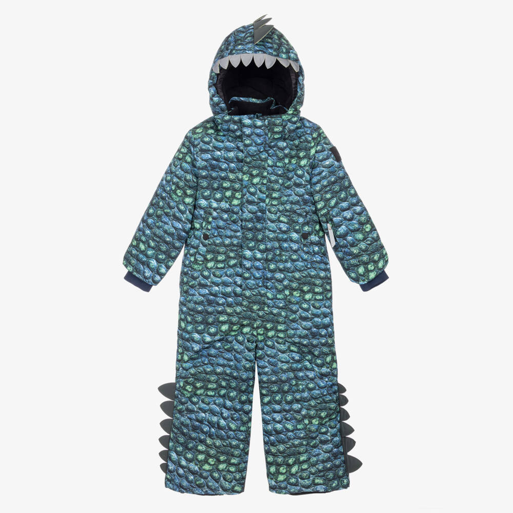 Molo-Blue & Green Dinosaur Print Technical Snowsuit | Childrensalon