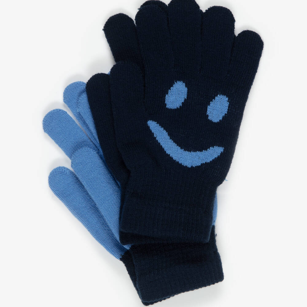 Molo-Blue Knitted Gloves with Smiling Face (2 Pack) | Childrensalon