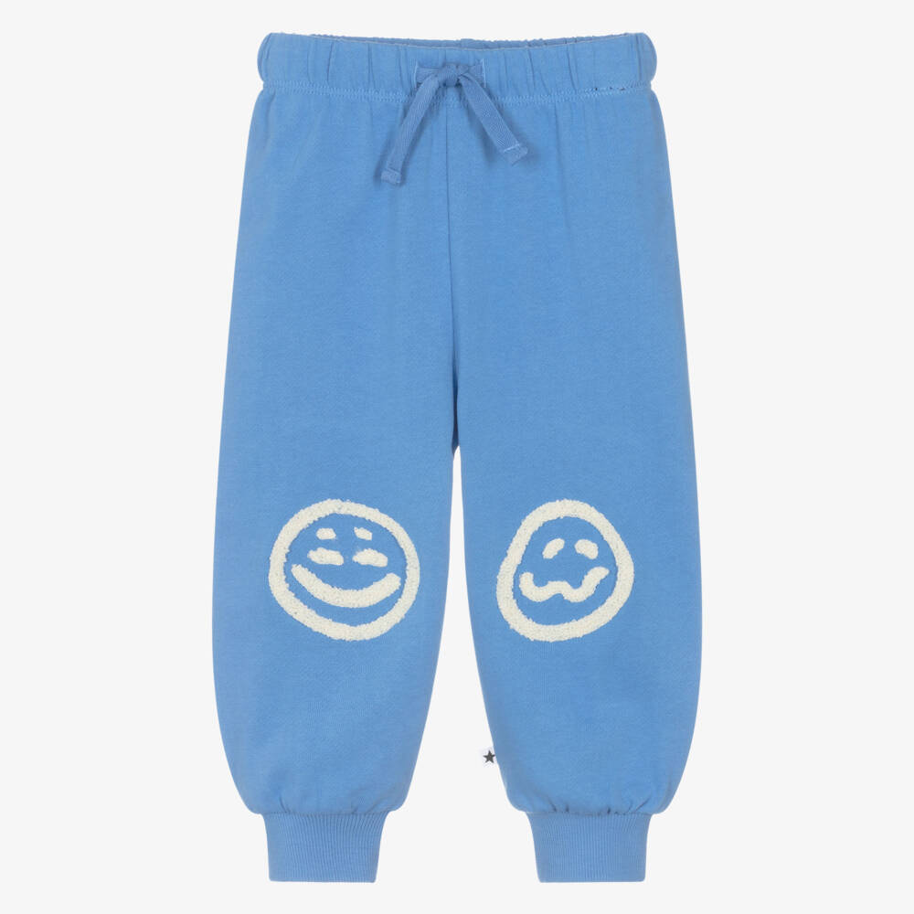 Molo-Blue Organic Cotton Joggers with Happy Faces | Childrensalon