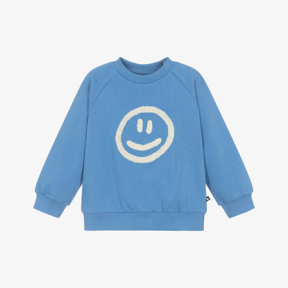 Molo-Blue Organic Cotton Sweatshirt with Ivory Smiling Face | Childrensalon