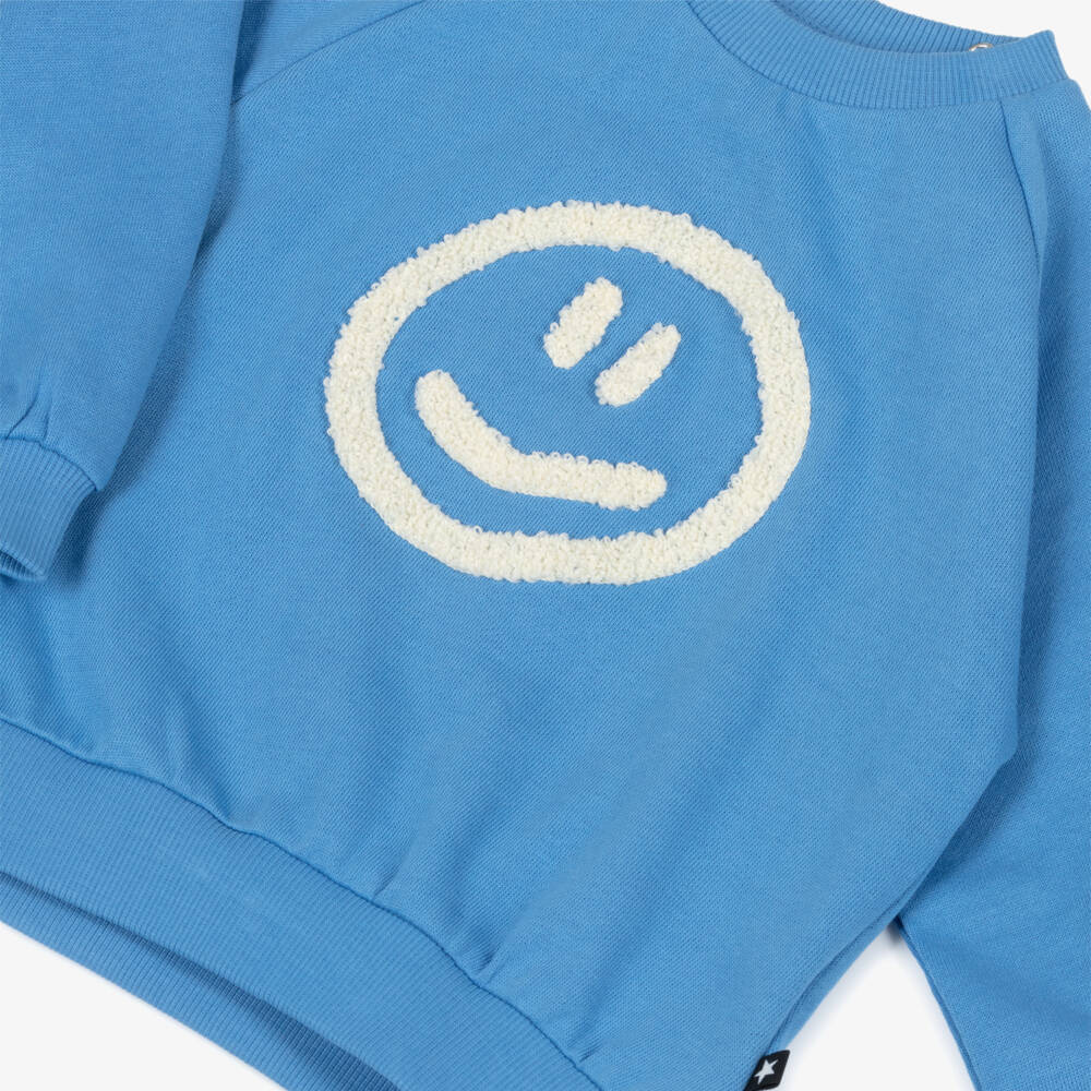 Molo-Blue Organic Cotton Sweatshirt with Ivory Smiling Face | Childrensalon