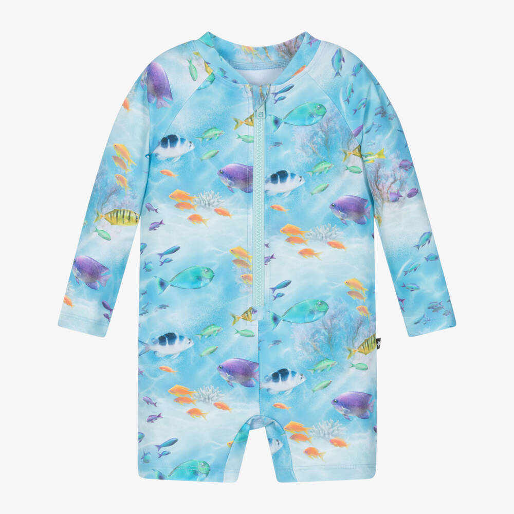 Molo-Blue Sun Suit with Colourful Fish Pattern (UPF50+) | Childrensalon