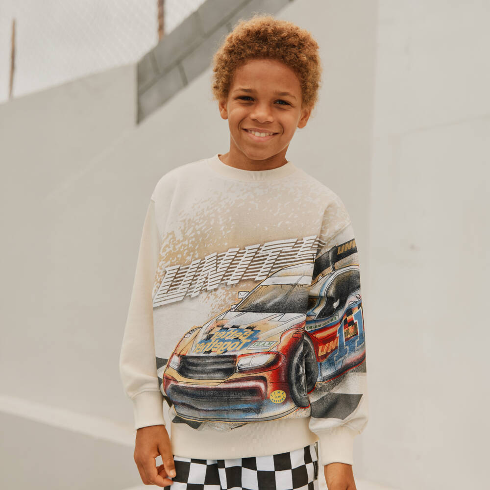 Molo-Boys Beige Cotton Racing Car Sweatshirt | Childrensalon