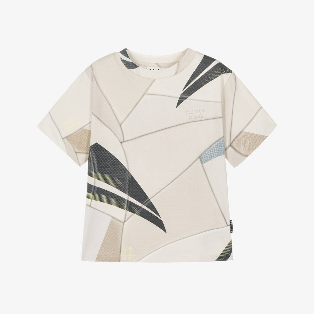 Molo-Boys Beige Cotton T-Shirt with Abstract Football Print | Childrensalon