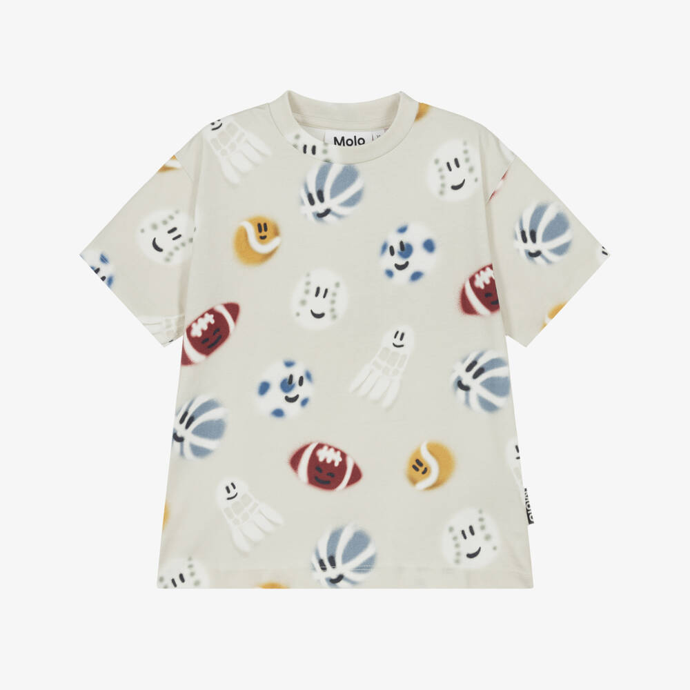 Molo-Boys Beige Cotton T-Shirt With Sport Ball Graphics | Childrensalon