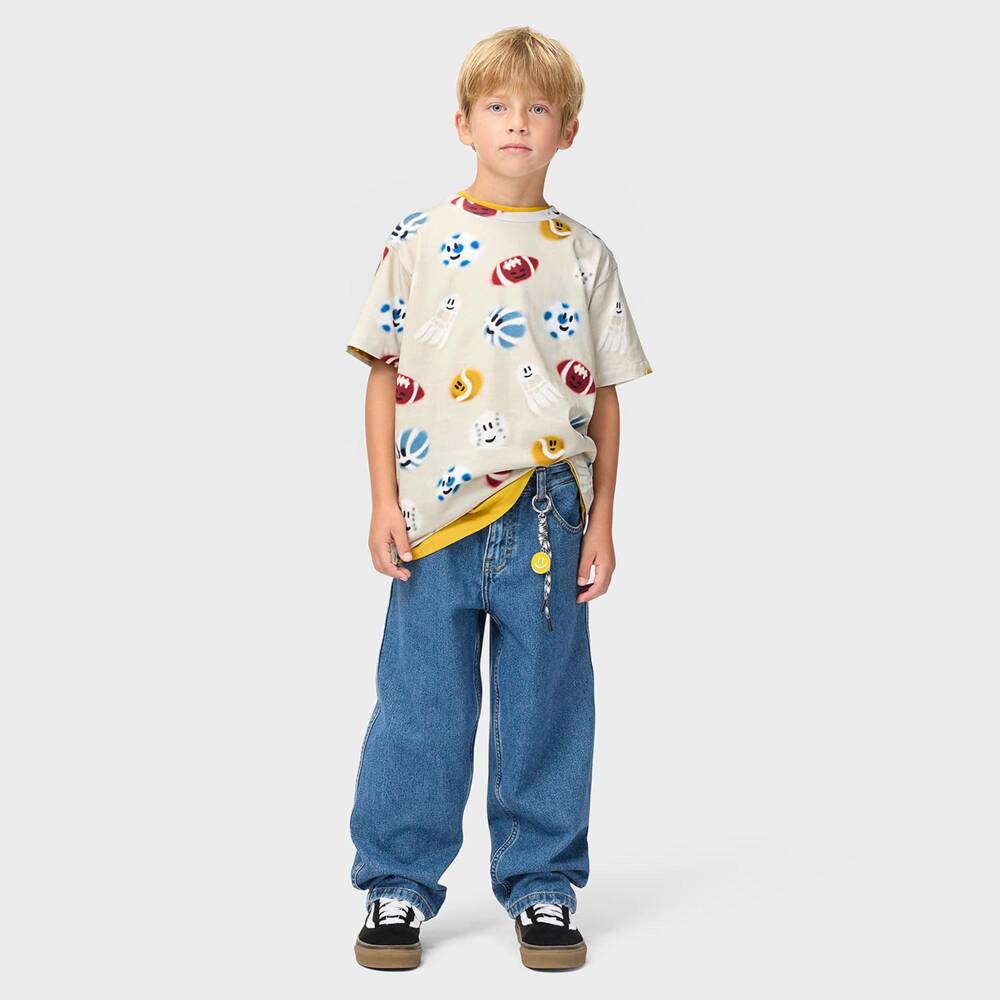 Molo-Boys Beige Cotton T-Shirt With Sport Ball Graphics | Childrensalon