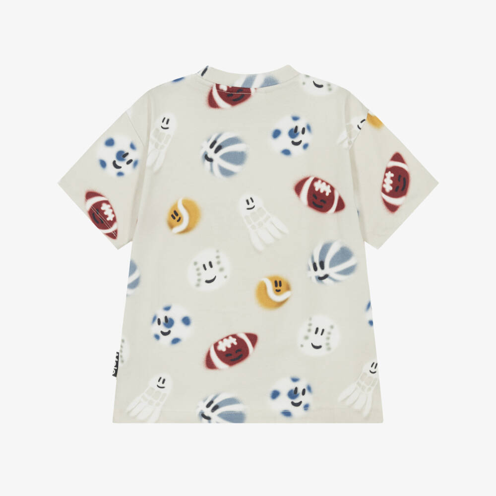 Molo-Boys Beige Cotton T-Shirt With Sport Ball Graphics | Childrensalon