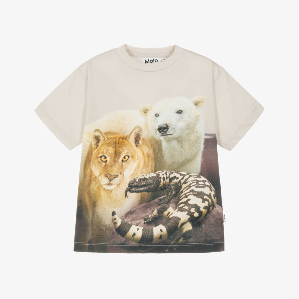 Molo-Boys Beige Cotton T-shirt with Trio Animal Graphic  | Childrensalon