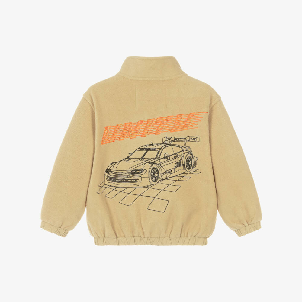 Molo-Boys Beige Fleece Jacket with Racing Car Graphic | Childrensalon