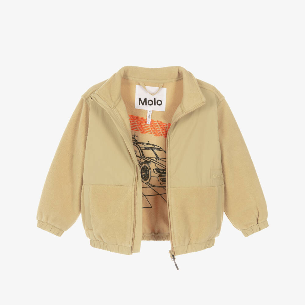 Molo-Boys Beige Fleece Jacket with Racing Car Graphic | Childrensalon