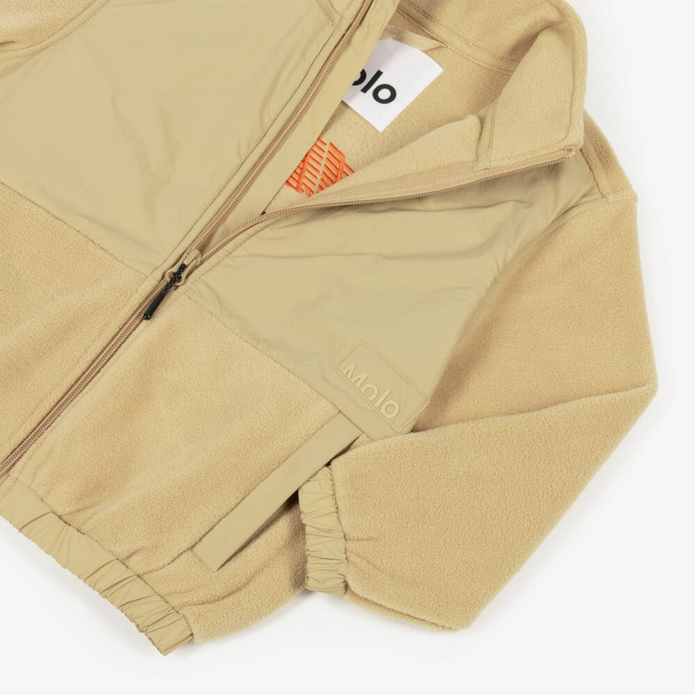 Molo-Boys Beige Fleece Jacket with Racing Car Graphic | Childrensalon