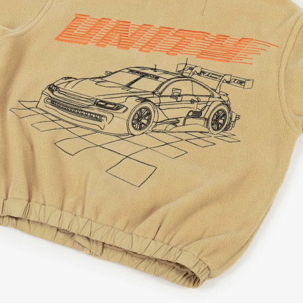 Molo-Boys Beige Fleece Jacket with Racing Car Graphic | Childrensalon