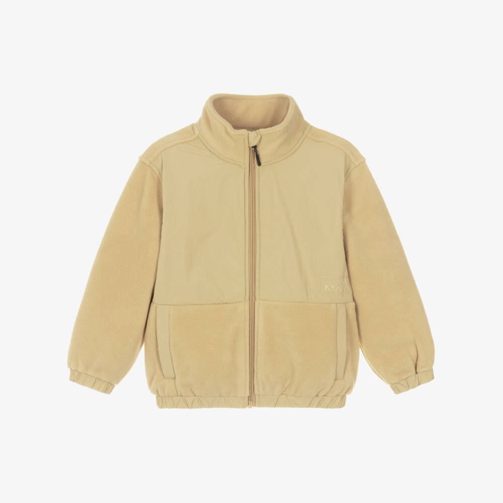 Molo-Boys Beige Fleece Jacket with Racing Car Graphic | Childrensalon