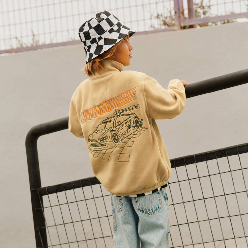 Molo-Boys Beige Fleece Jacket with Racing Car Graphic | Childrensalon
