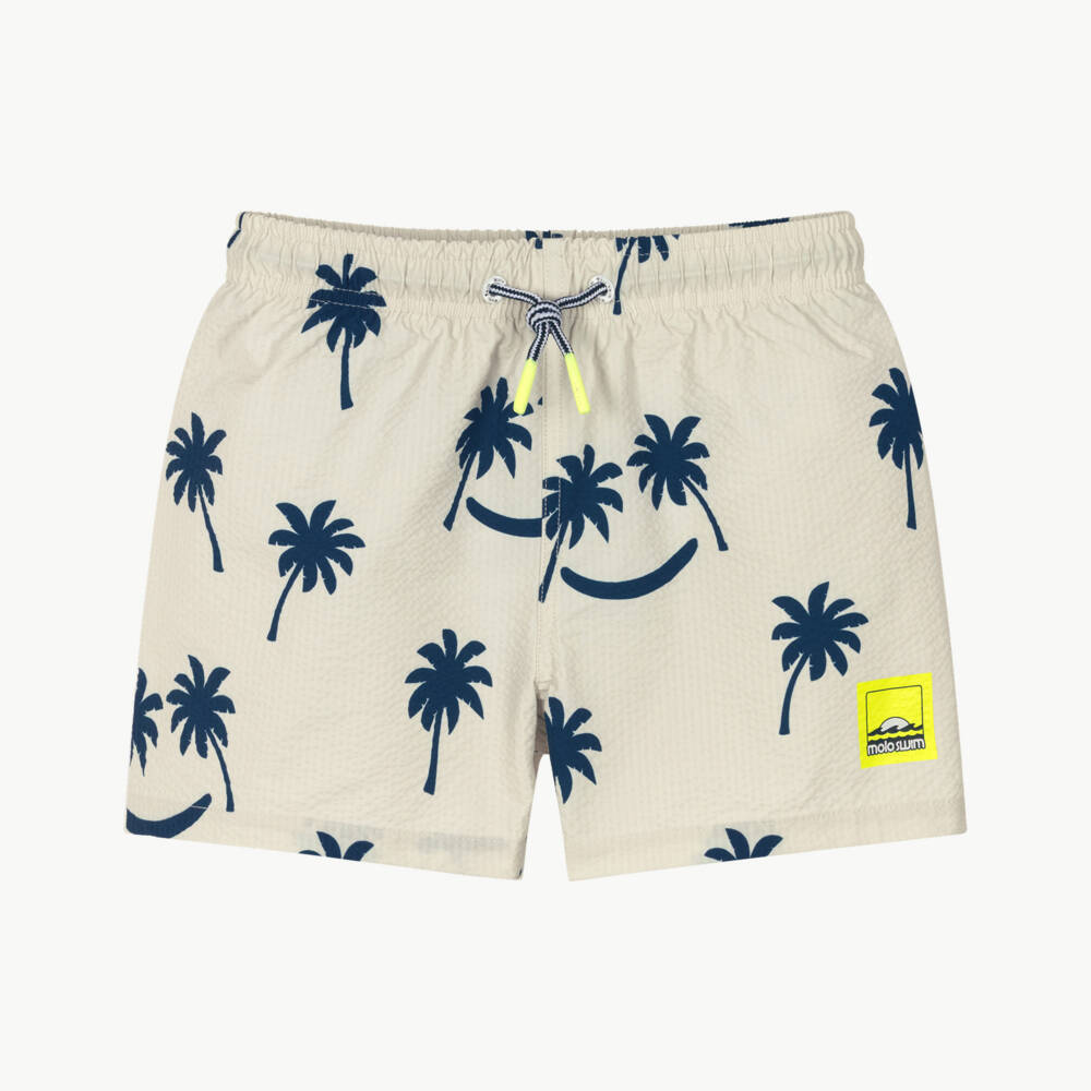 Molo-Boys Beige & Navy Blue Palm Tree Swim Shorts (UPF50+) | Childrensalon