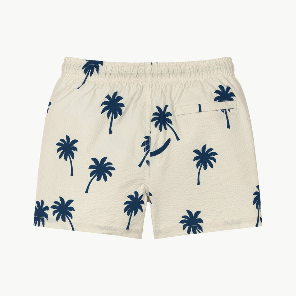 Molo-Boys Beige & Navy Blue Palm Tree Swim Shorts (UPF50+) | Childrensalon