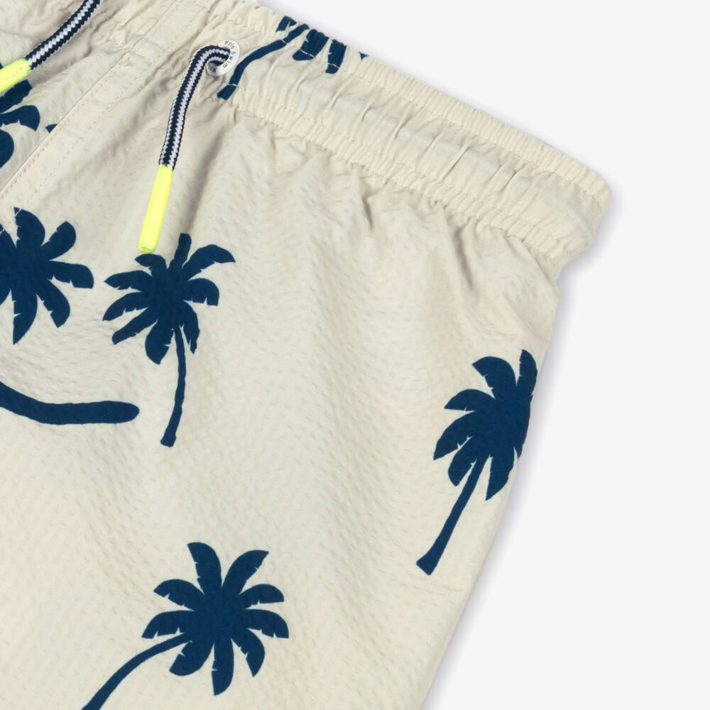 Molo-Boys Beige & Navy Blue Palm Tree Swim Shorts (UPF50+) | Childrensalon
