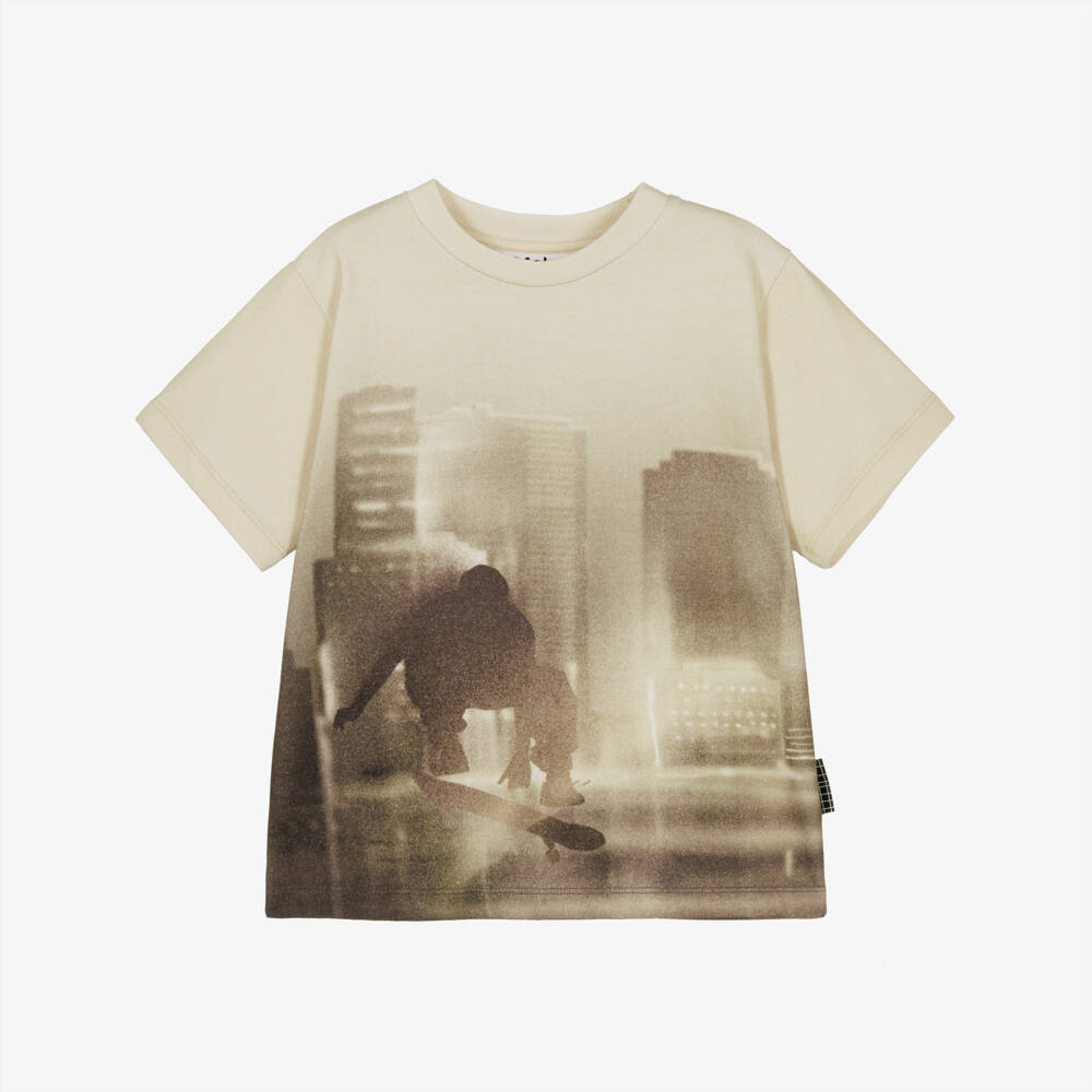 Molo-Boys Beige Organic Cotton Skater Print T-Shirt | Childrensalon