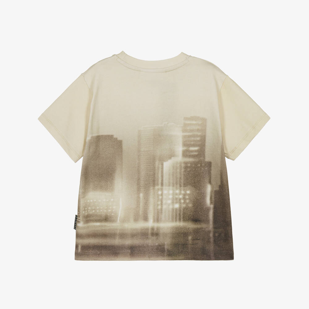 Molo-Boys Beige Organic Cotton Skater Print T-Shirt | Childrensalon
