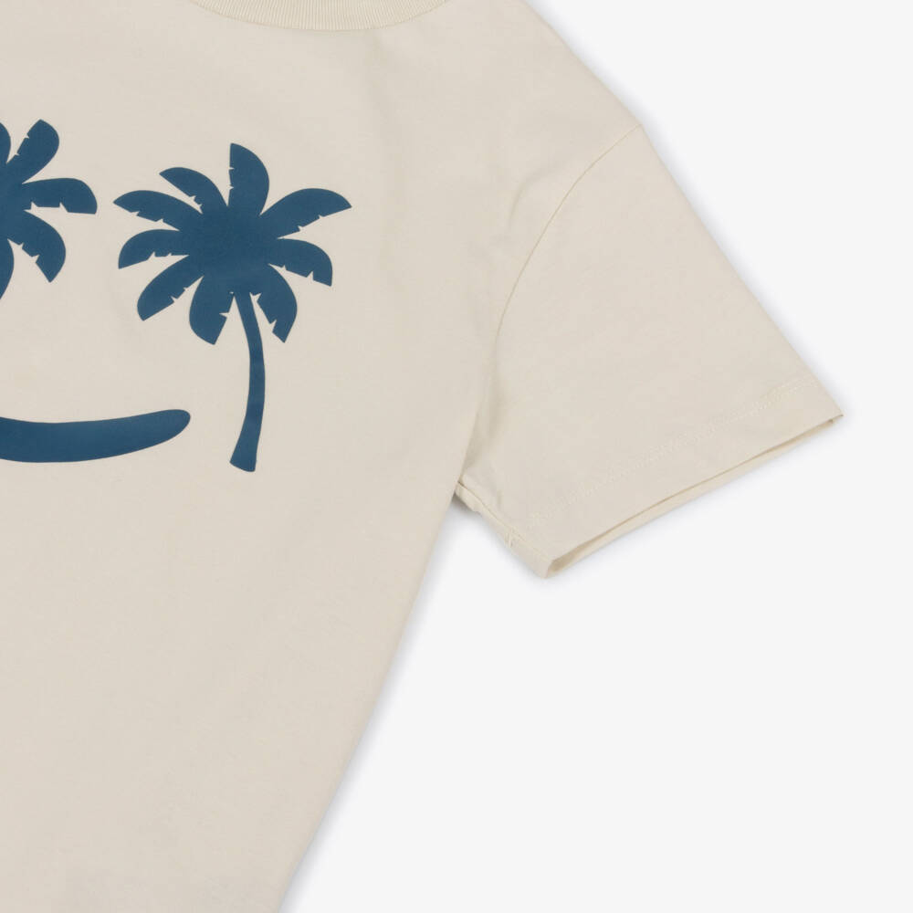 Molo-Boys Beige Organic Cotton T-Shirt with Palm Tree Face | Childrensalon