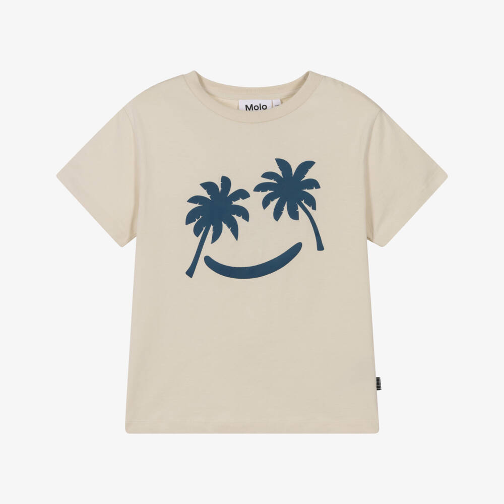 Molo-Boys Beige Organic Cotton T-Shirt with Palm Tree Face  | Childrensalon