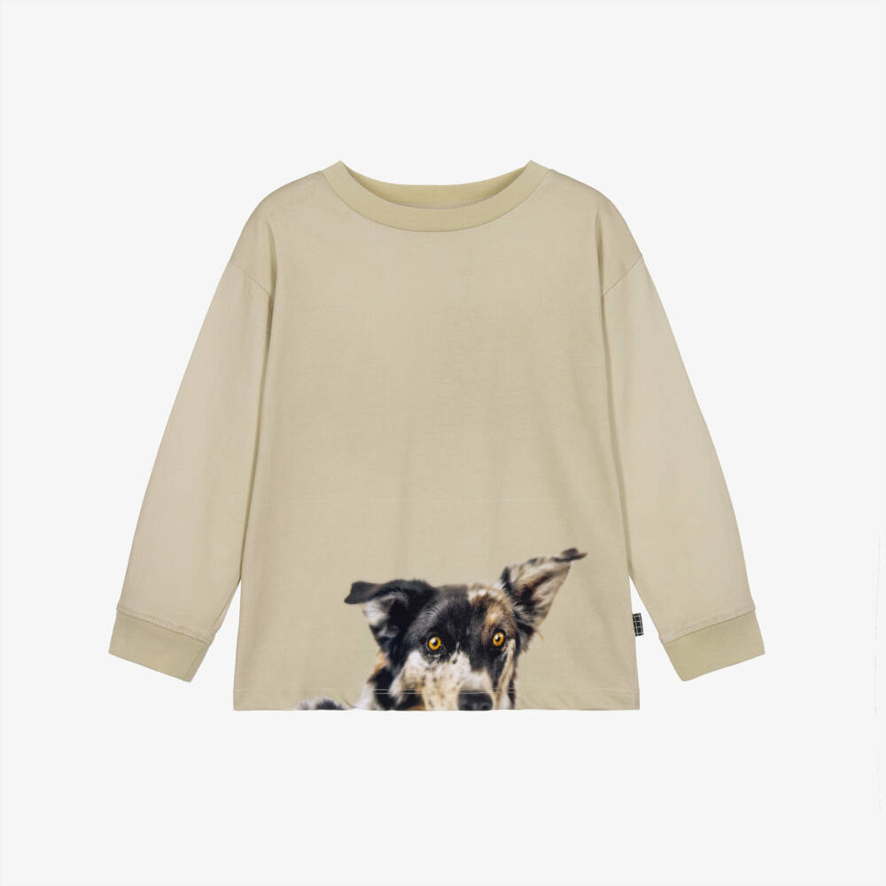 Molo-Boys Beige Organic Cotton Top with Dog Prints | Childrensalon