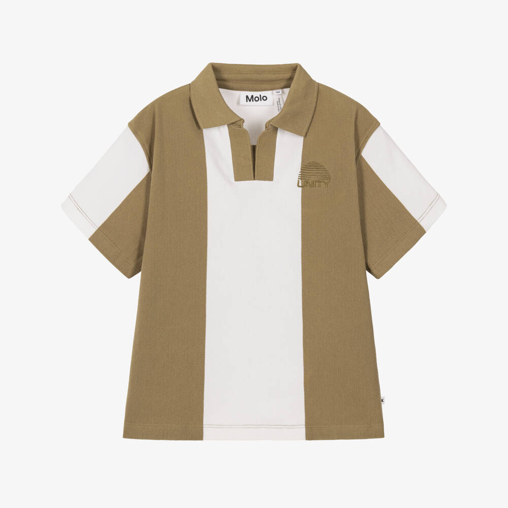 Molo-Boys Beige & White Striped Piqué Polo | Childrensalon