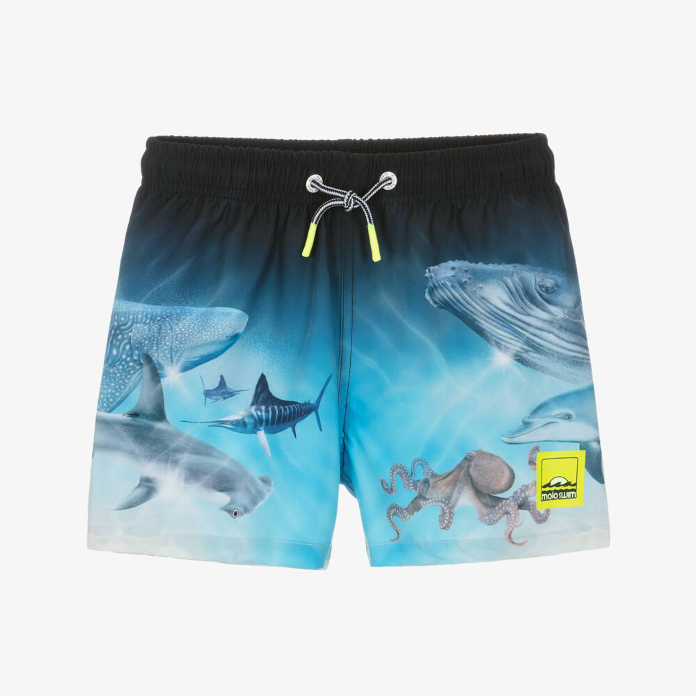 Molo-Boys Black & Blue Sea Creature Swim Shorts (UPF50+) | Childrensalon