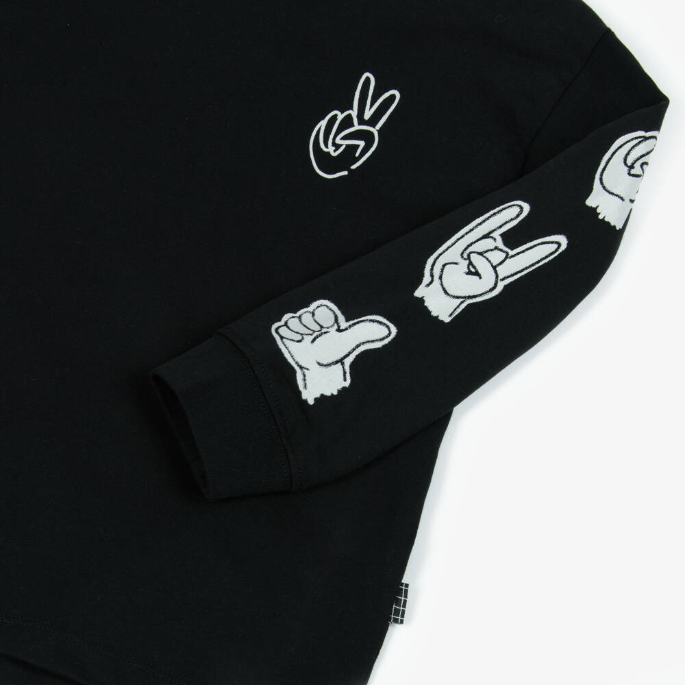 Molo-Boys Black Cotton Long-Sleeve Top with Hand Gestures | Childrensalon