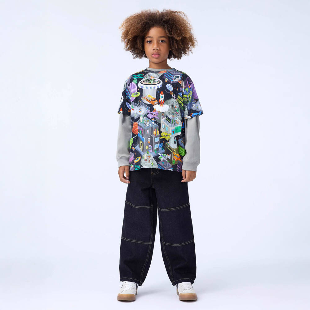 Molo-Boys Black Cotton Space-Themed Print T-Shirt | Childrensalon