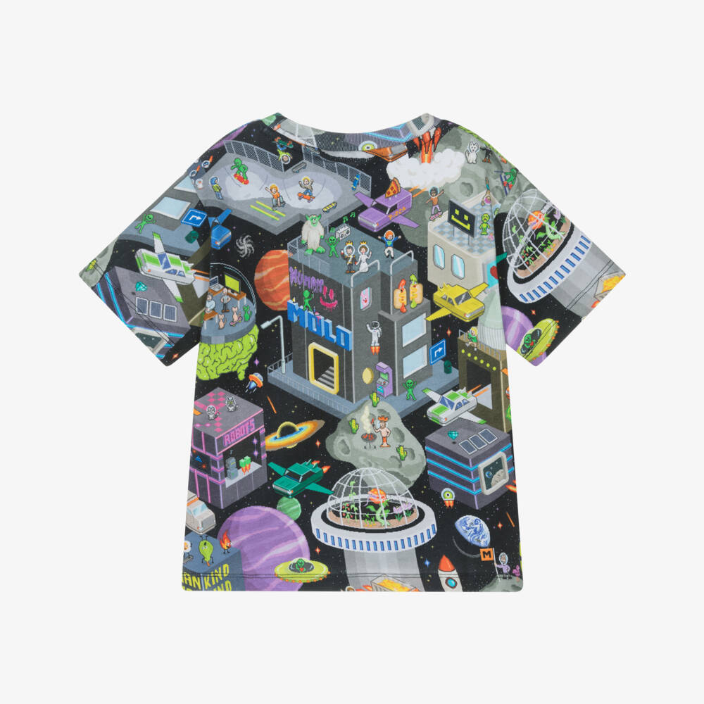 Molo-Boys Black Cotton Space-Themed Print T-Shirt | Childrensalon