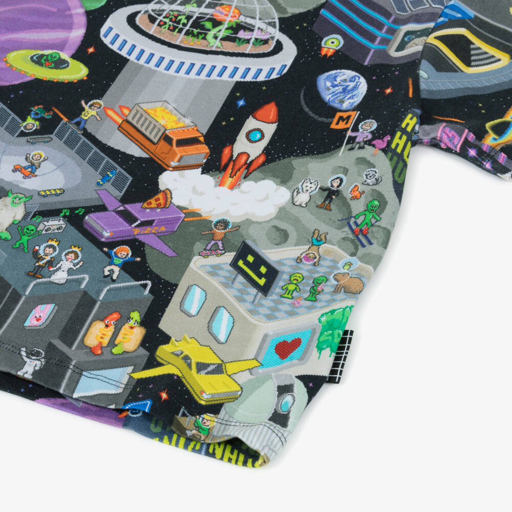 Molo-Boys Black Cotton Space-Themed Print T-Shirt | Childrensalon