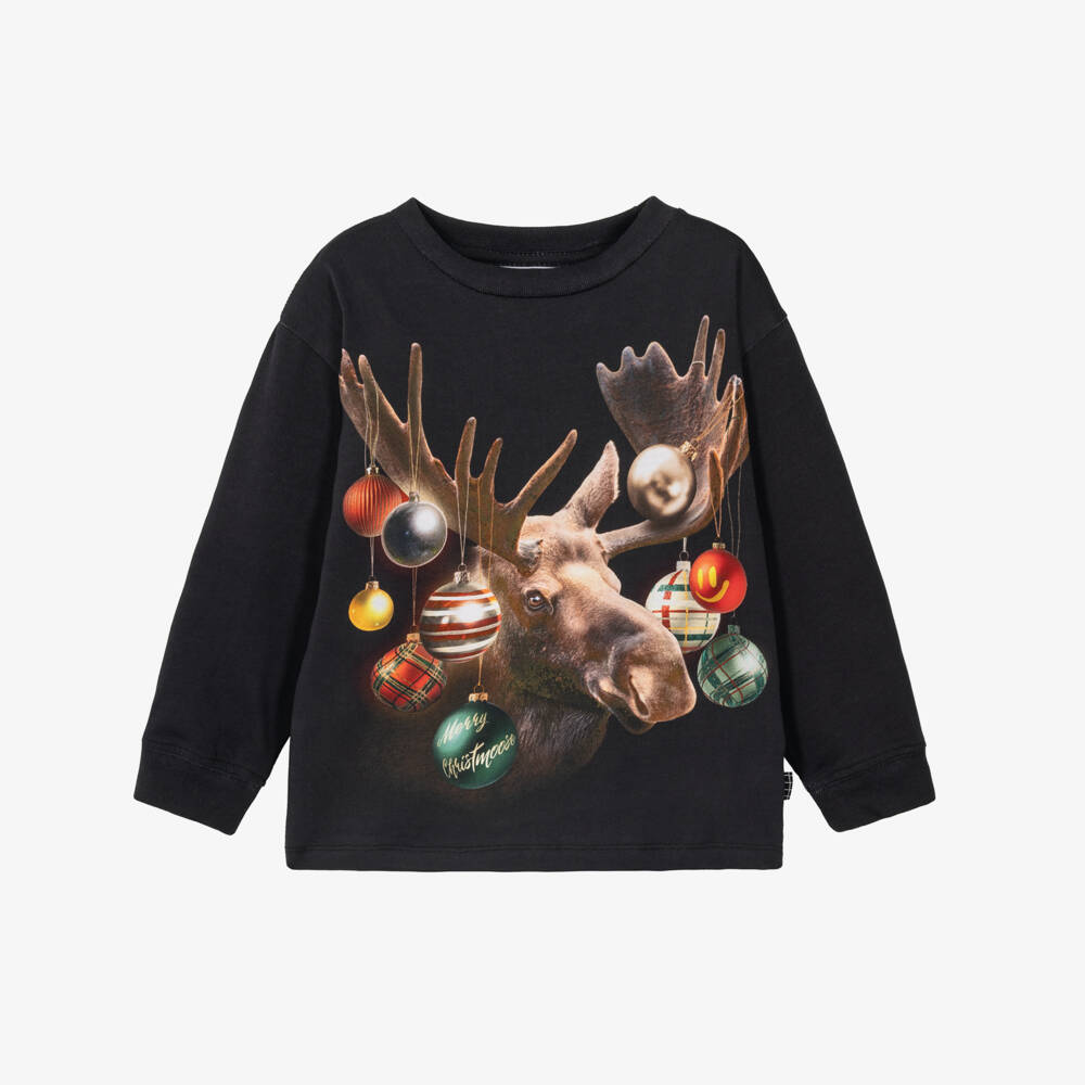 Molo-Boys Black Cotton Top with Christmas Moose Print | Childrensalon