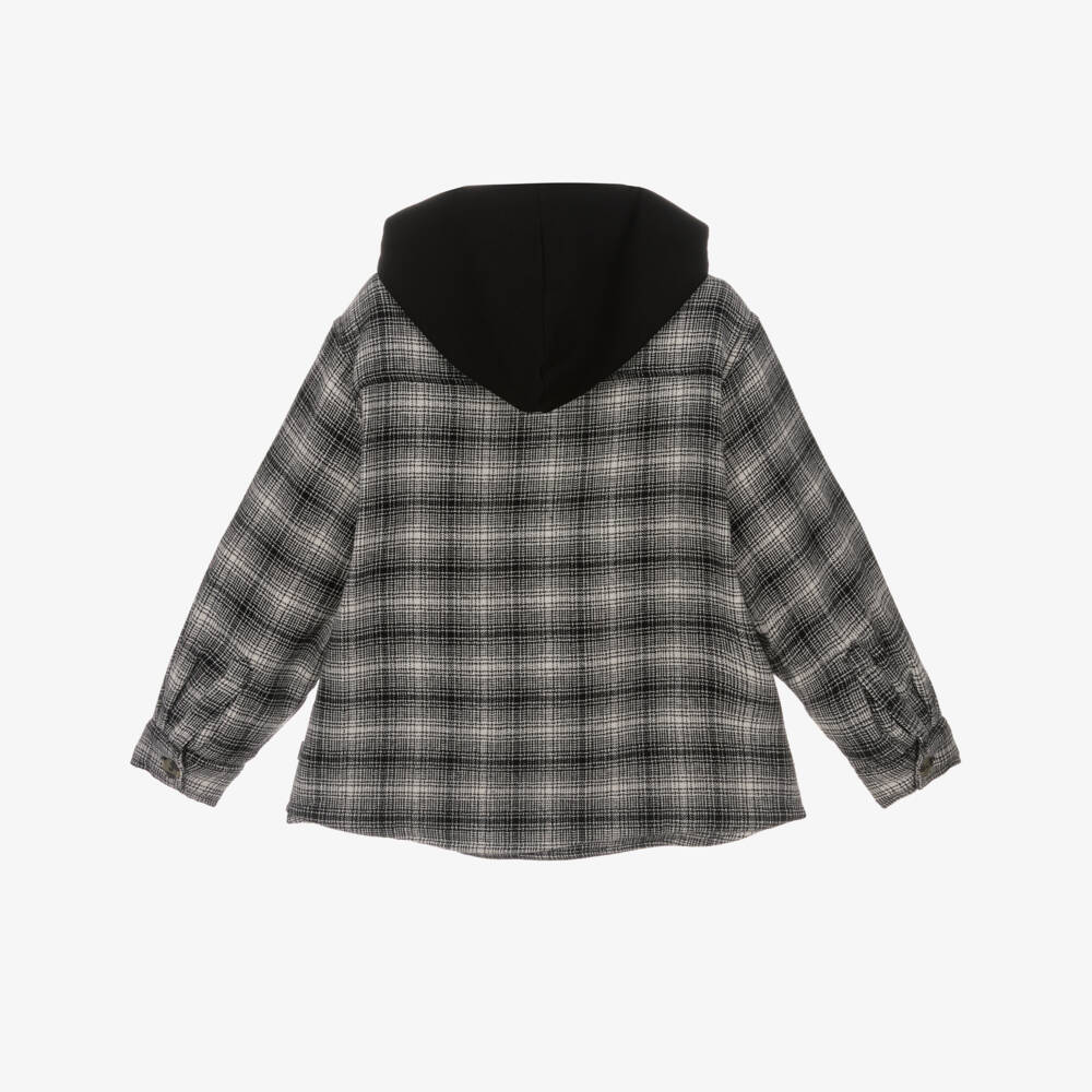 Molo-Boys Black & Grey Checked Cotton Shacket with Hood | Childrensalon