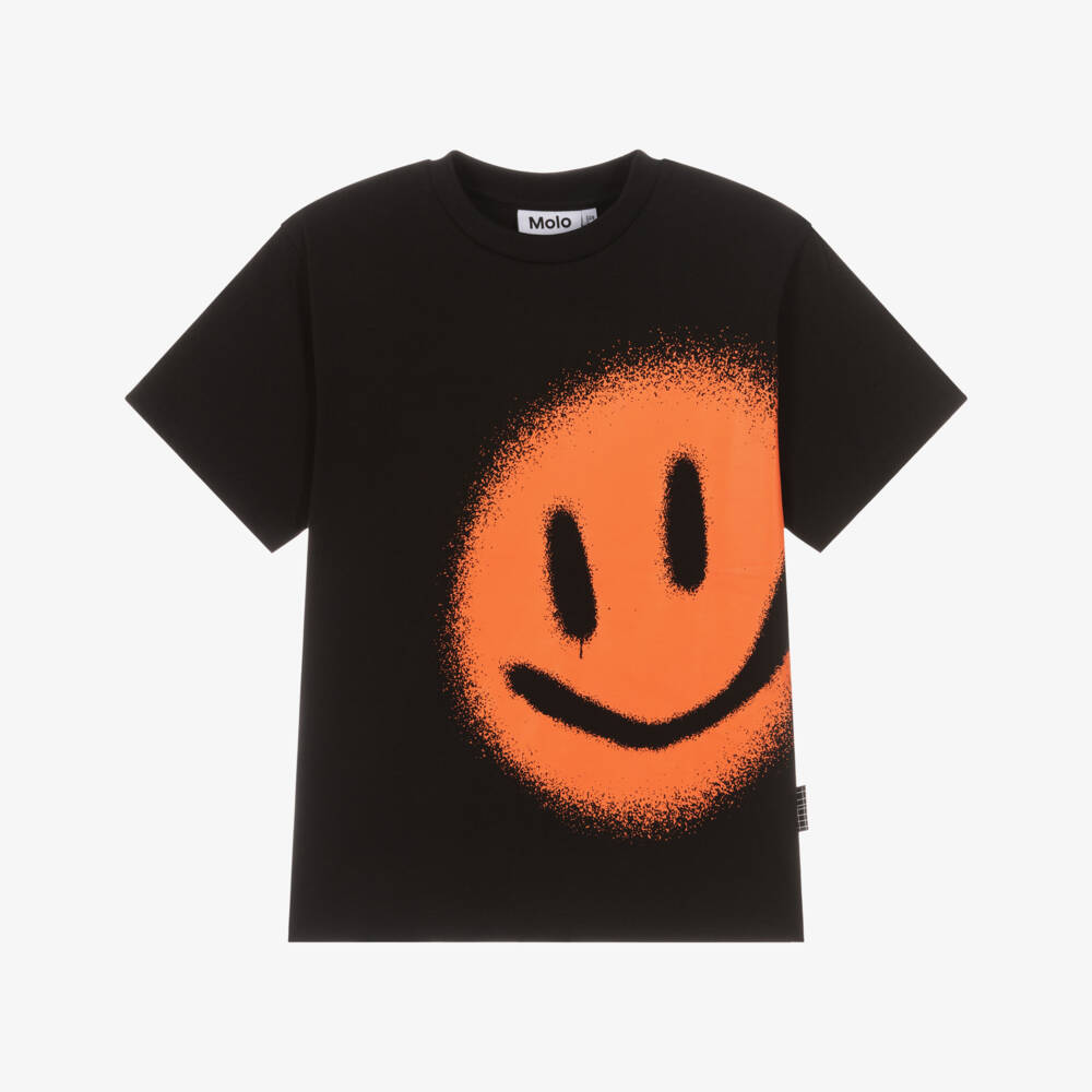 Molo-Boys Black Organic Cotton T-Shirt with Orange Smile Print | Childrensalon