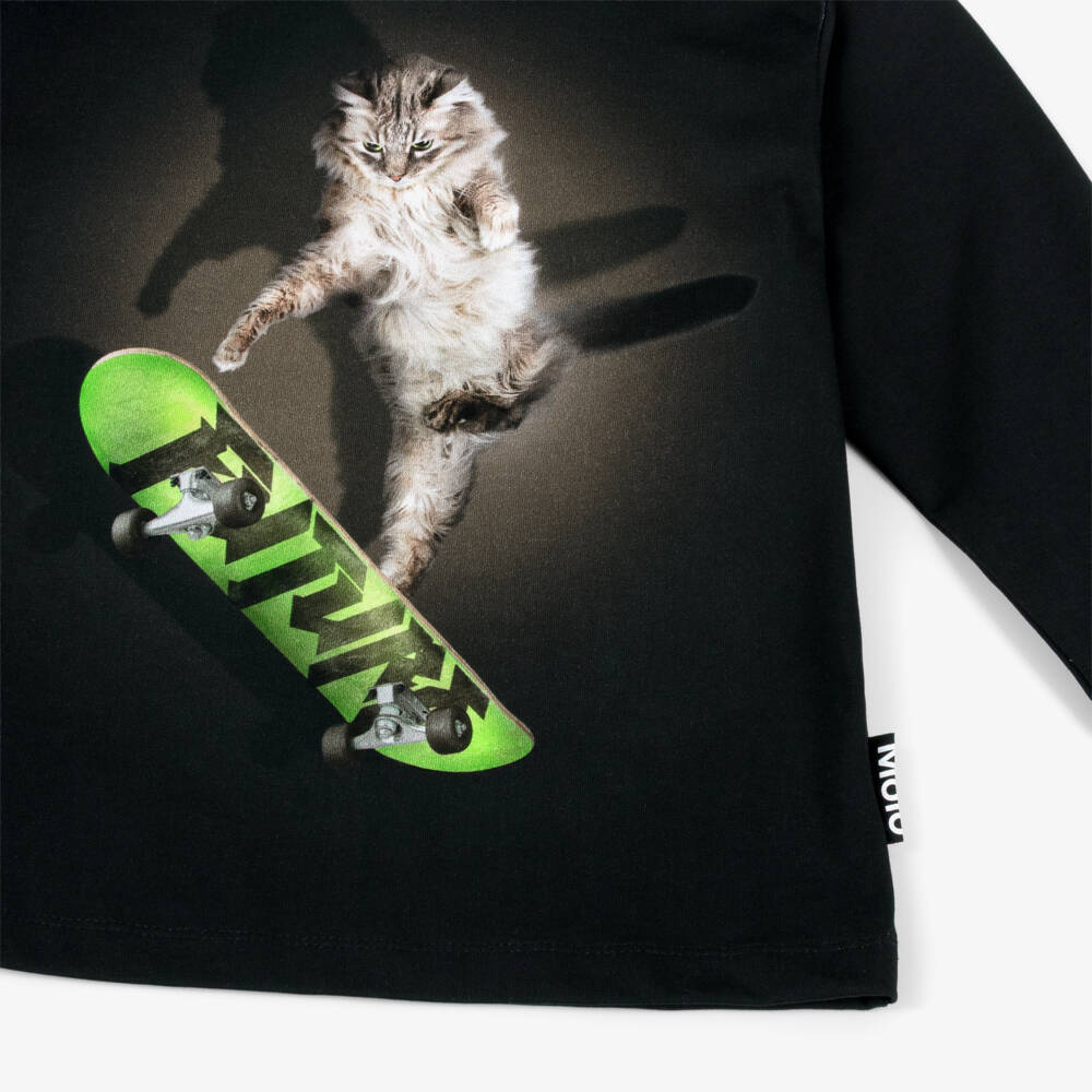 Molo-Boys Black Organic Cotton Top with Skateboarding Cat | Childrensalon