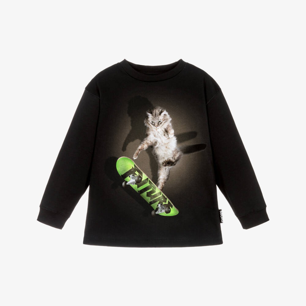 Molo-Boys Black Organic Cotton Top with Skateboarding Cat | Childrensalon